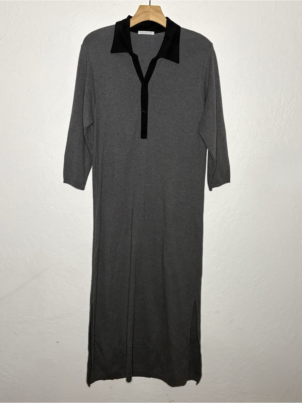 Joan Vass USA Gray Knit Maxi Dress Black Polo Collar Long Sleeve Sz 2 (Medium)